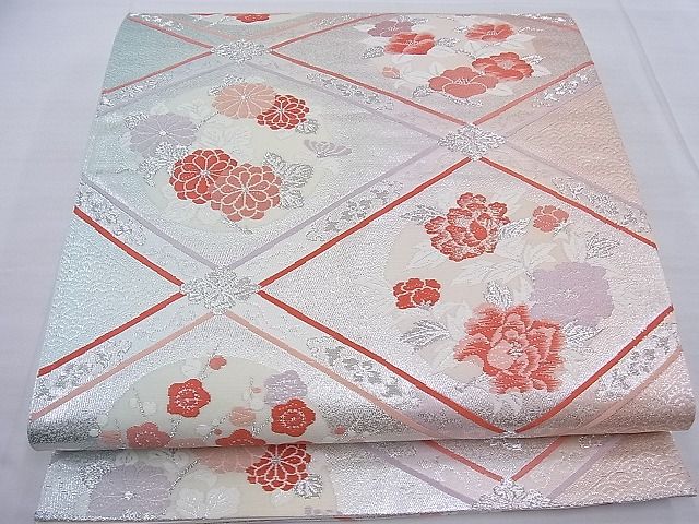 平和屋着物◎六通柄袋帯 唐織 菱天井花丸文 銀糸 逸品 BAAF7760ea