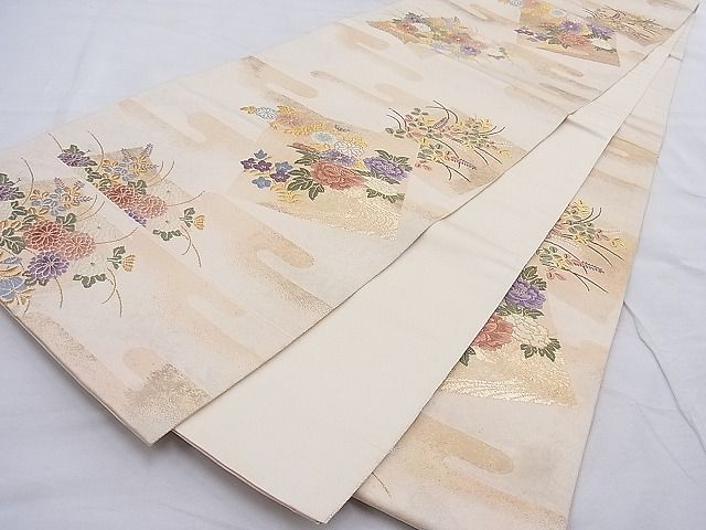 平和屋着物◎六通柄袋帯 唐織 エ霞色紙花文 金糸 逸品 BAAG3262xa