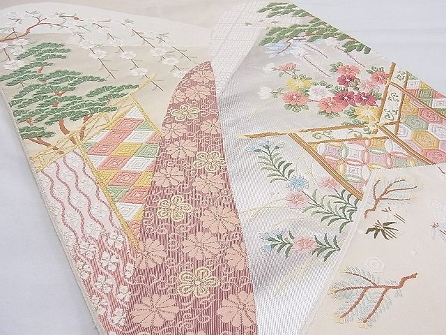 平和屋着物◎太鼓柄袋帯 唐織 四季草花文 金糸 逸品 BAAG3288xa