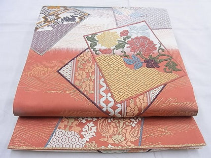 平和屋着物◎六通柄袋帯 唐錦 名物裂色紙文 金糸 逸品 BAAG3297xa