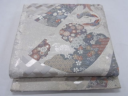 平和屋着物◎六通柄袋帯 唐織 雪輪向かい鳥草花文 銀糸 逸品 CAAF8866pn