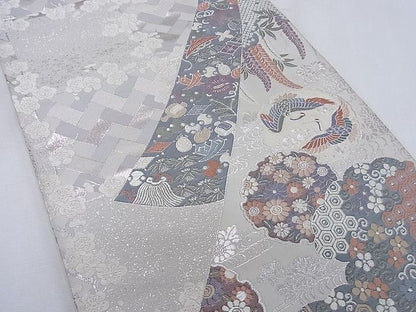 平和屋着物◎六通柄袋帯 唐織 雪輪向かい鳥草花文 銀糸 逸品 CAAF8866pn