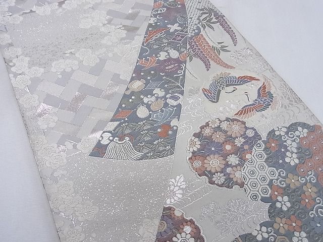 平和屋着物◎六通柄袋帯 唐織 雪輪向かい鳥草花文 銀糸 逸品 CAAF8866pn