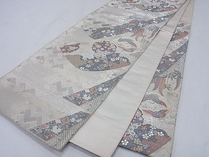平和屋着物◎六通柄袋帯 唐織 雪輪向かい鳥草花文 銀糸 逸品 CAAF8866pn