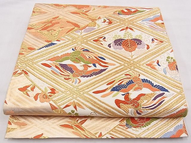平和屋着物◎六通柄袋帯　唐織　向かい鳳凰菱切嵌文様　金糸　逸品　BAAF5371th