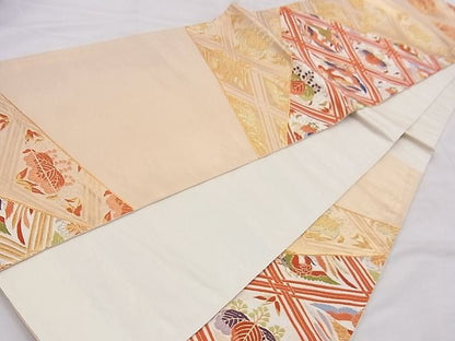 平和屋着物◎六通柄袋帯　唐織　向かい鳳凰菱切嵌文様　金糸　逸品　BAAF5371th
