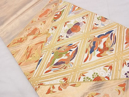 平和屋着物◎六通柄袋帯　唐織　向かい鳳凰菱切嵌文様　金糸　逸品　BAAF5371th