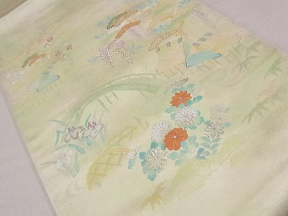 平和屋着物◎太鼓柄袋帯 刺繍 風景文 銀糸 逸品 CAAF0648dy