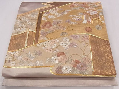 平和屋着物◎太鼓柄袋帯 駒刺繍 飛鶴御所車花文 金糸 逸品 CAAF0703dy