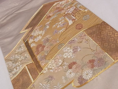 平和屋着物◎太鼓柄袋帯 駒刺繍 飛鶴御所車花文 金糸 逸品 CAAF0703dy