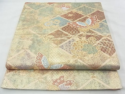 平和屋着物◎六通柄袋帯 唐織 菱吉祥花蝶文 金糸 逸品 BAAF7516wk
