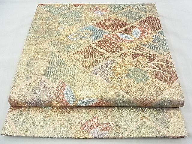 平和屋着物◎六通柄袋帯 唐織 菱吉祥花蝶文 金糸 逸品 BAAF7516wk