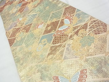 平和屋着物◎六通柄袋帯 唐織 菱吉祥花蝶文 金糸 逸品 BAAF7516wk