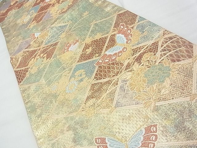平和屋着物◎六通柄袋帯 唐織 菱吉祥花蝶文 金糸 逸品 BAAF7516wk