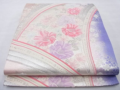 平和屋着物◎六通柄袋帯 唐織 草花文 銀糸 逸品 BAAG1655cm