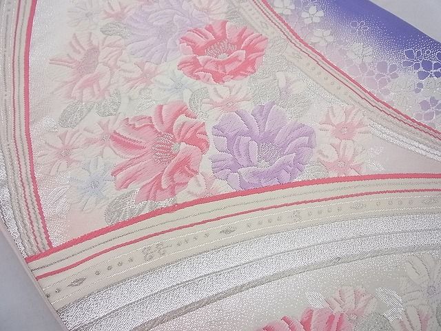平和屋着物◎六通柄袋帯 唐織 草花文 銀糸 逸品 BAAG1655cm
