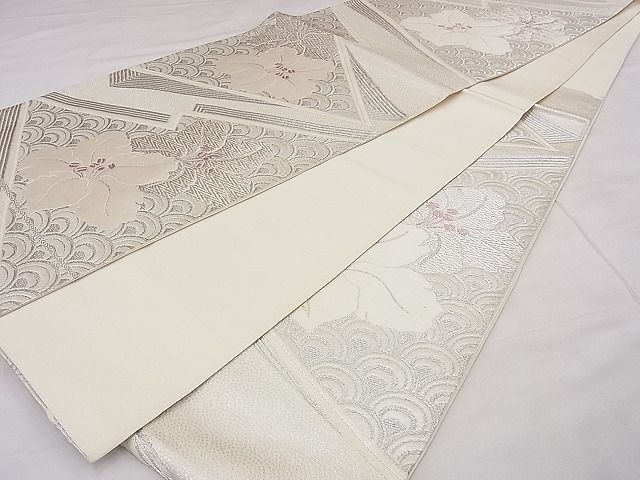 平和屋着物◎六通柄袋帯 唐織 松皮菱青海波桜文 銀糸 逸品 BAAG0026if