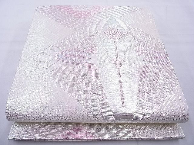 平和屋着物◎佐賀錦 六通柄袋帯 双鶴花菱文 銀糸 逸品 BAAG1730cm