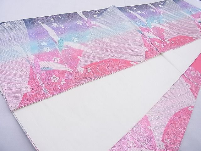 平和屋着物◎六通柄袋帯 唐織 飛鶴梅流し 銀糸 逸品 BAAG1787cm