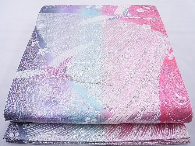 平和屋着物◎六通柄袋帯 唐織 飛鶴梅流し 銀糸 逸品 BAAG1787cm