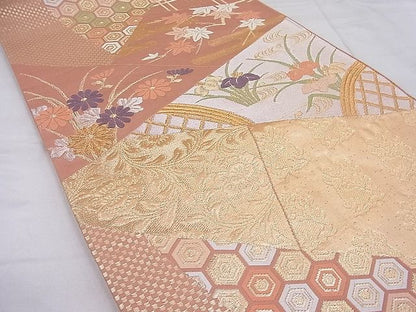平和屋着物◎六通柄袋帯 唐織 切嵌吉祥花文 金銀糸 逸品 BAAG1532ea