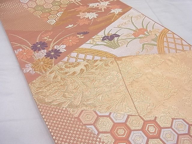 平和屋着物◎六通柄袋帯 唐織 切嵌吉祥花文 金銀糸 逸品 BAAG1532ea