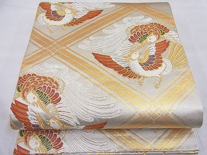 平和屋着物◎六通柄袋帯 唐織 向かい鳳凰菱文様 金銀糸 逸品 BAAG1528ea