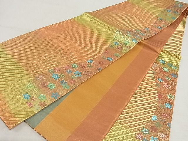 平和屋着物◎両面六通柄袋帯 斜縞 流水花文 金糸 正絹 逸品 AAAH6657Asx