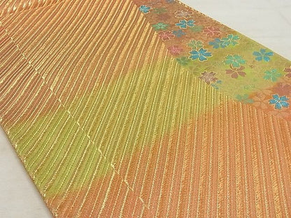 平和屋着物◎両面六通柄袋帯 斜縞 流水花文 金糸 正絹 逸品 AAAH6657Asx