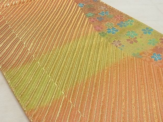 平和屋着物◎両面六通柄袋帯 斜縞 流水花文 金糸 正絹 逸品 AAAH6657Asx