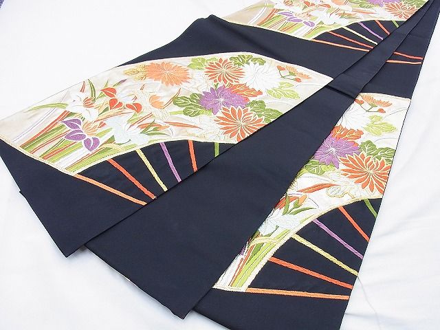 平和屋着物◎六通柄袋帯 唐織 扇面花文 黒地 金銀糸 逸品 BAAF0882jm