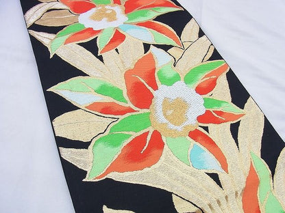 平和屋着物◎六通柄袋帯 唐織 草花文 黒地 金糸 逸品 BAAF0878jm