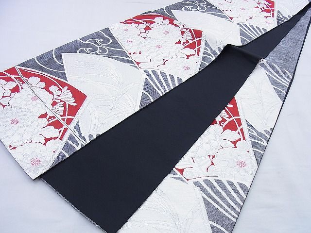 平和屋着物◎六通柄袋帯 唐織 扇面花文 銀糸 逸品 BAAG0459jm