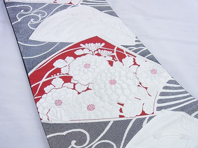 平和屋着物◎六通柄袋帯 唐織 扇面花文 銀糸 逸品 BAAG0459jm