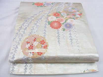 平和屋着物◎六通柄袋帯 唐織 雪輪枝垂れ柳花丸文 金銀糸 逸品 BAAG0504jm