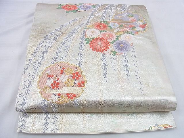 平和屋着物◎六通柄袋帯 唐織 雪輪枝垂れ柳花丸文 金銀糸 逸品 BAAG0504jm