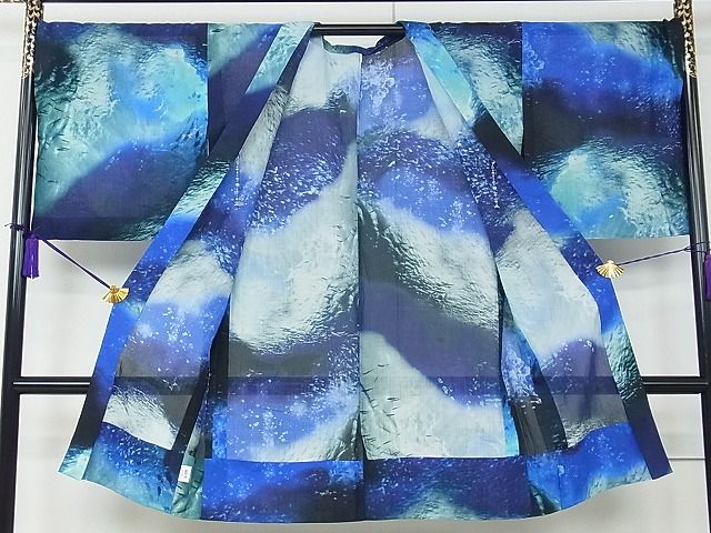 平和屋本店■希少柄　夏物　本場小千谷ちぢみ　羽織　海　羽織紐付き　麻　逸品　CZAA0640s4