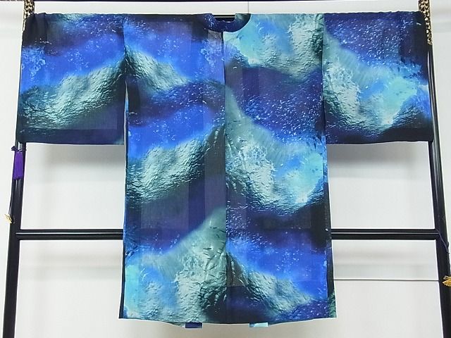 平和屋本店■希少柄　夏物　本場小千谷ちぢみ　羽織　海　羽織紐付き　麻　逸品　CZAA0640s4