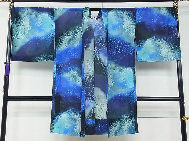 平和屋本店■希少柄　夏物　本場小千谷ちぢみ　羽織　海　羽織紐付き　麻　逸品　CZAA0640s4