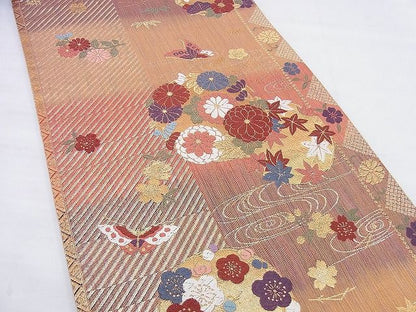 平和屋着物◎六通柄袋帯 唐織 舞蝶花丸文 金糸 逸品 BAAG0515jm