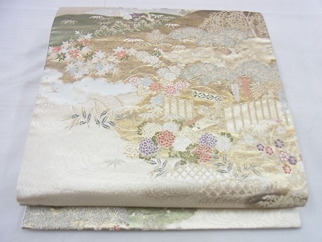 平和屋着物◎六通柄袋帯 唐織 流水秋草文 金糸 逸品 BAAG0523jm