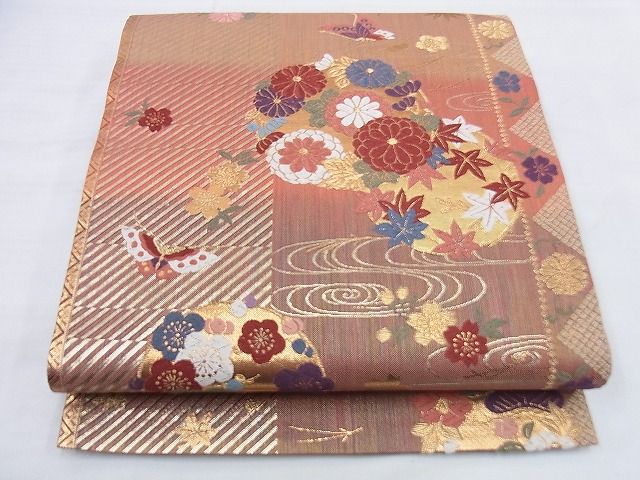 平和屋着物◎六通柄袋帯 唐織 舞蝶花丸文 金糸 逸品 BAAG0515jm