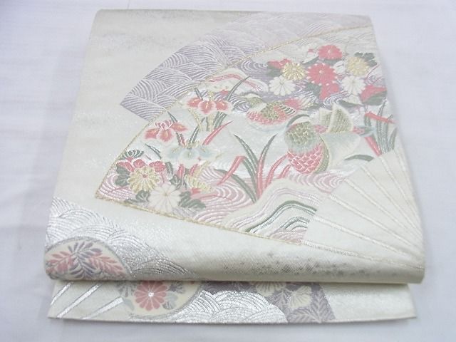 平和屋着物◎六通柄袋帯 唐織 扇面鴛鴦花文 金糸 逸品 BAAG0519jm