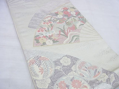 平和屋着物◎六通柄袋帯 唐織 扇面鴛鴦花文 金糸 逸品 BAAG0519jm