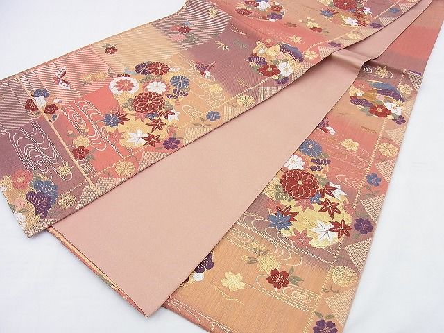 平和屋着物◎六通柄袋帯 唐織 舞蝶花丸文 金糸 逸品 BAAG0515jm
