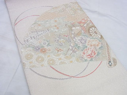 平和屋着物◎太鼓柄袋帯 駒刺繍 檜扇風景花鳥文 銀糸 おく田謹製 逸品 BAAG0554jm