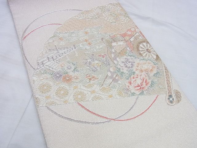 平和屋着物◎太鼓柄袋帯 駒刺繍 檜扇風景花鳥文 銀糸 おく田謹製 逸品 BAAG0554jm