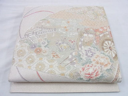 平和屋着物◎太鼓柄袋帯 駒刺繍 檜扇風景花鳥文 銀糸 おく田謹製 逸品 BAAG0554jm