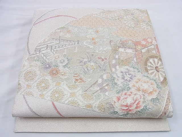 平和屋着物◎太鼓柄袋帯 駒刺繍 檜扇風景花鳥文 銀糸 おく田謹製 逸品 BAAG0554jm