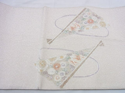 平和屋着物◎太鼓柄袋帯 駒刺繍 檜扇風景花鳥文 銀糸 おく田謹製 逸品 BAAG0554jm